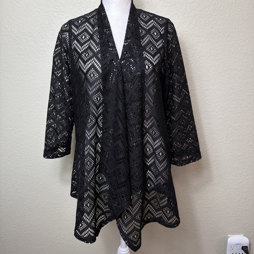 Travel Elements Kimono Women Small Black Crochet Mesh Jacket Shrug 3/4 Sleeve